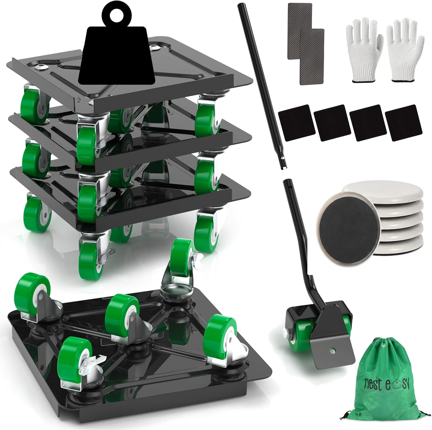 Heavy Duty Furniture Dolly 360 Rotate 5 Wheels 3000 Lbs Capacity 5.3x5.3 in | Furniture Movers with Green Wheels, Measure Tape & Leveler, Alloy Steel Furniture Lifter Tool for Smooth Home & Office Uses