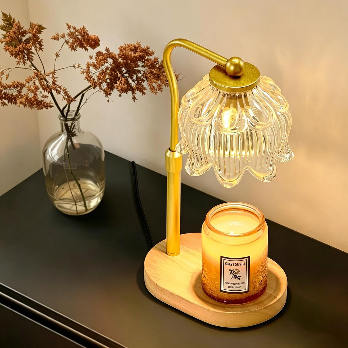 CASTLELIFE Electric Candle Warmer Lamp with Timer & Dimmer, Height Adjustable Wax Warmer for Jar Candles, Flower Wax Melter with Wood Base, Home Decor House Warming Gifts for Women Mom, Natural Wood