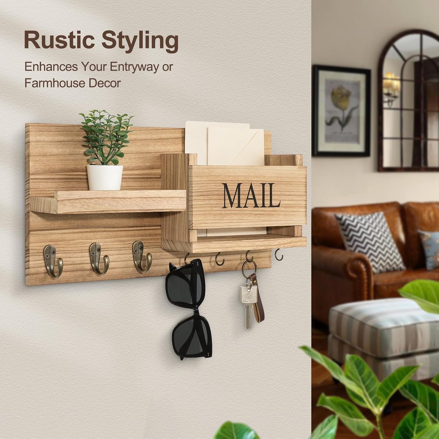 Lwenki Mail Organizer for Wall Mount – Key Holder with Shelf Includes Letter Holder and Hooks for Hallway Farmhouse Decor – Rustic Wood with Flush Mounting Hardware (16.5” x 9.1” x 3.4”) (White)
