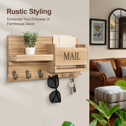 Lwenki Mail Organizer for Wall Mount – Key Holder with Shelf Includes Letter Holder and Hooks for Hallway Farmhouse Decor – Rustic Wood with Flush Mounting Hardware (16.5” x 9.1” x 3.4”) (White)
