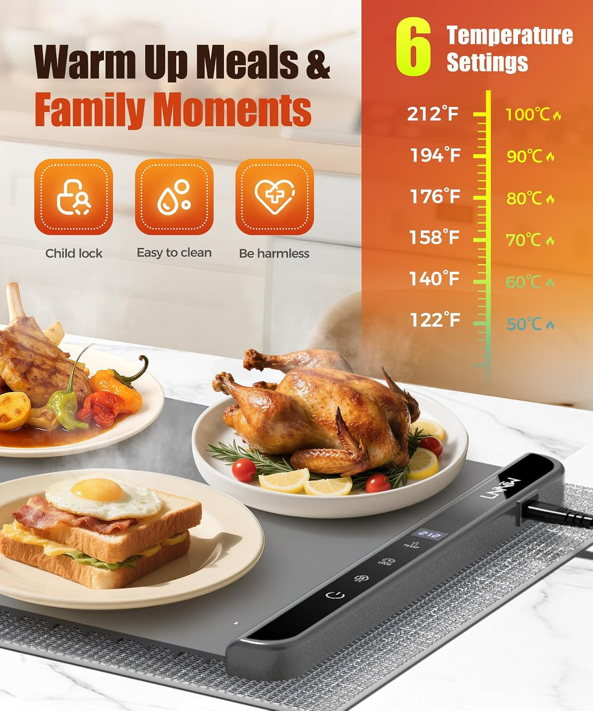 Warming Mat for Food, 26x15 Inch, Off White, Fast Heat, Child Lock