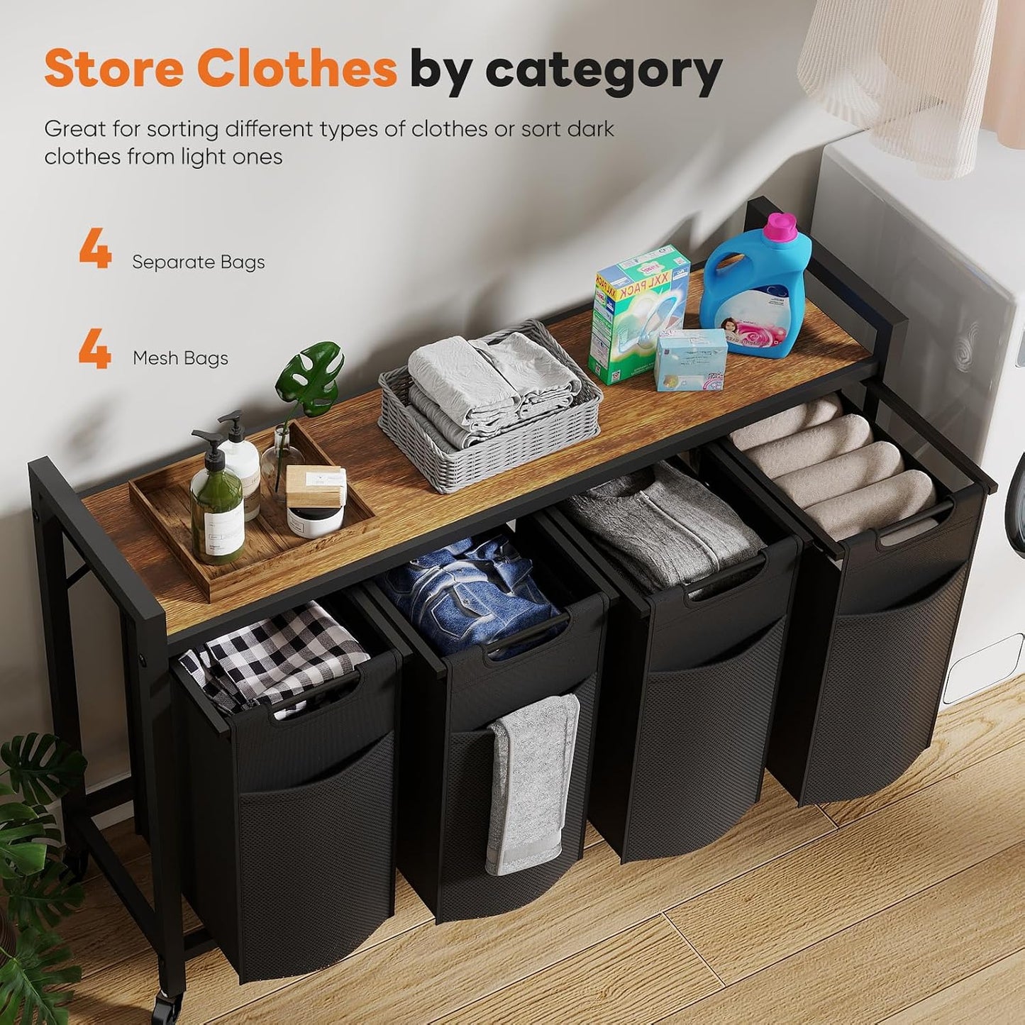 NEWBULIG Laundry Hamper Sorter with Wheels, Rolling Laundry Basket with Shelf & Removable Pull-Out Bag, Dirty Clothes Hamper for Room Organizer, 3 x 10.6 Gal (120L) - Rustic Brown and Black