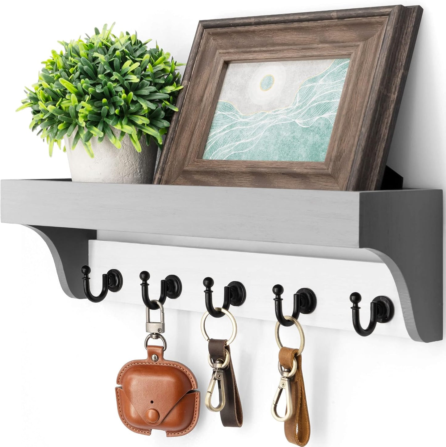 Rebee Vision Key Holder Wall Mount with 5 Hooks for Entryway, Retro Brown | Display Shelf for Plant & Letters, Key Shelf for Hats, Dog Leashes, Mail Organizer, Decorative Entryway & Living Room