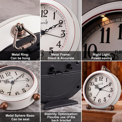 FLOITTUY 4.5" Battery Operated Antique Retro Analog Metal Alarm Clock, Silent Bedside Desk Clock, Wall-Hanging Vintage Clock(Exquisite Bronze)