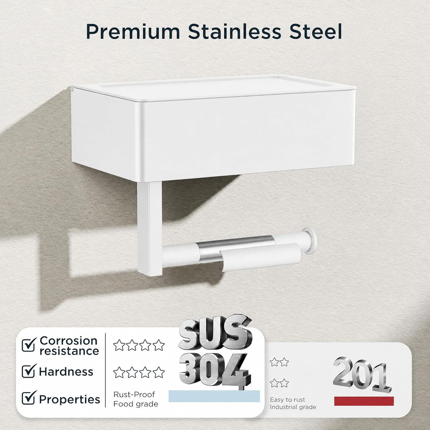 FORIOUS Toilet Paper Holder with Shelf, Wall-Mounted Modern Wipes Dispenser | Brushed Nickel | Toilet Paper Holder with Storage for Bathroom | Fits Wipes, Sanitary Napkin, Tampon | 8.0"x5.3" Large Shelf
