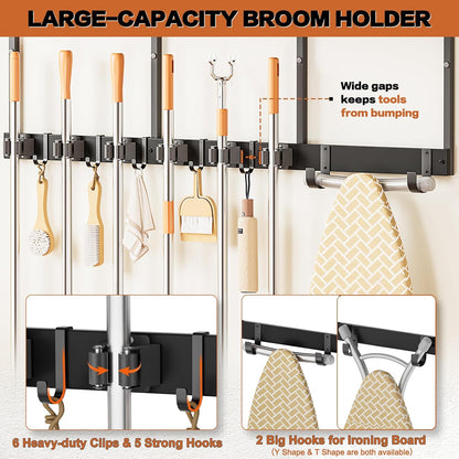 Broom Holder Wall Mount with Cleaning Supplies Organizer, Laundry Room Organization and Storage Shelves with Mop Hanger Rack Gripper Hooks, Utility Shelf Closet Organizer for Home Garage Kitchen