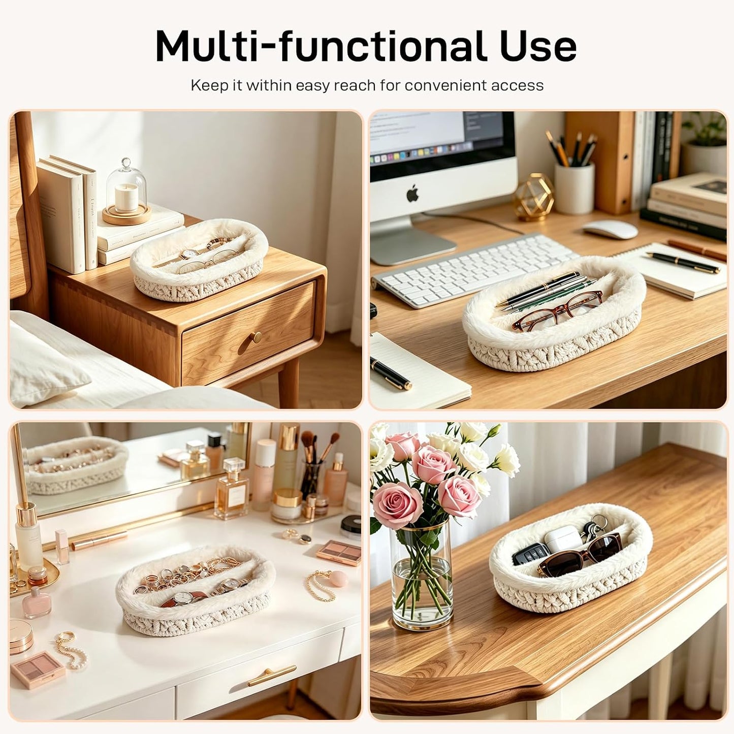 Glasses Holder, Anti-scratch Plush Lined Eyeglass Holder Stand | Oval Eye-glasses Storage Organizer Case for Nightstand, Office Desk, Bedside Table, Beige