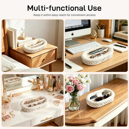 Glasses Holder, Anti-scratch Plush Lined Eyeglass Holder Stand | Oval Eye-glasses Storage Organizer Case for Nightstand, Office Desk, Bedside Table, Beige