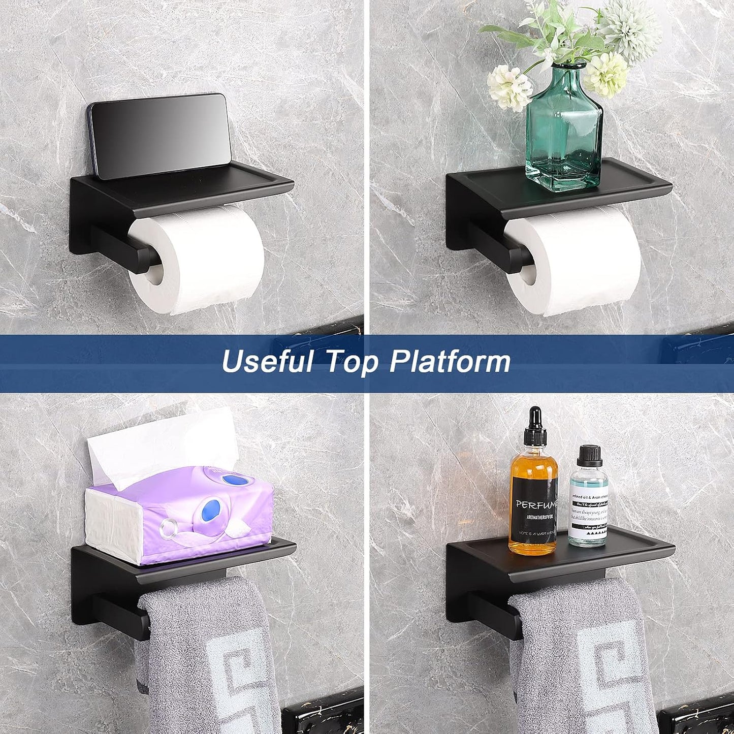 NearMoon Toilet Paper Holder with Shelf, Heavy Duty Bath Toilet Roll Holder with Phone Shelf Tissue Hanger for Bathroom/Kitchen No Drill or Wall Mounted(304 Stainless Steel, Brushed Gold)