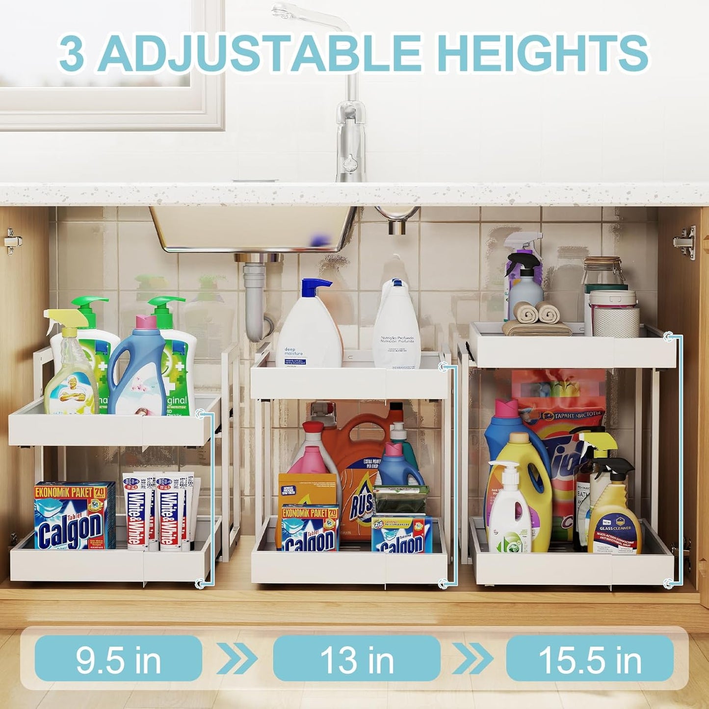 Golener 2-Tier Expandable Pull Out Cabinet Organizer, Cabinet Drawers, 16"D | Cabinet Pull Out shelves, Adjustable Pantry Drawers, Slide Out Drawers for Kitchen Cabinets, Under Sink Organizer, Black