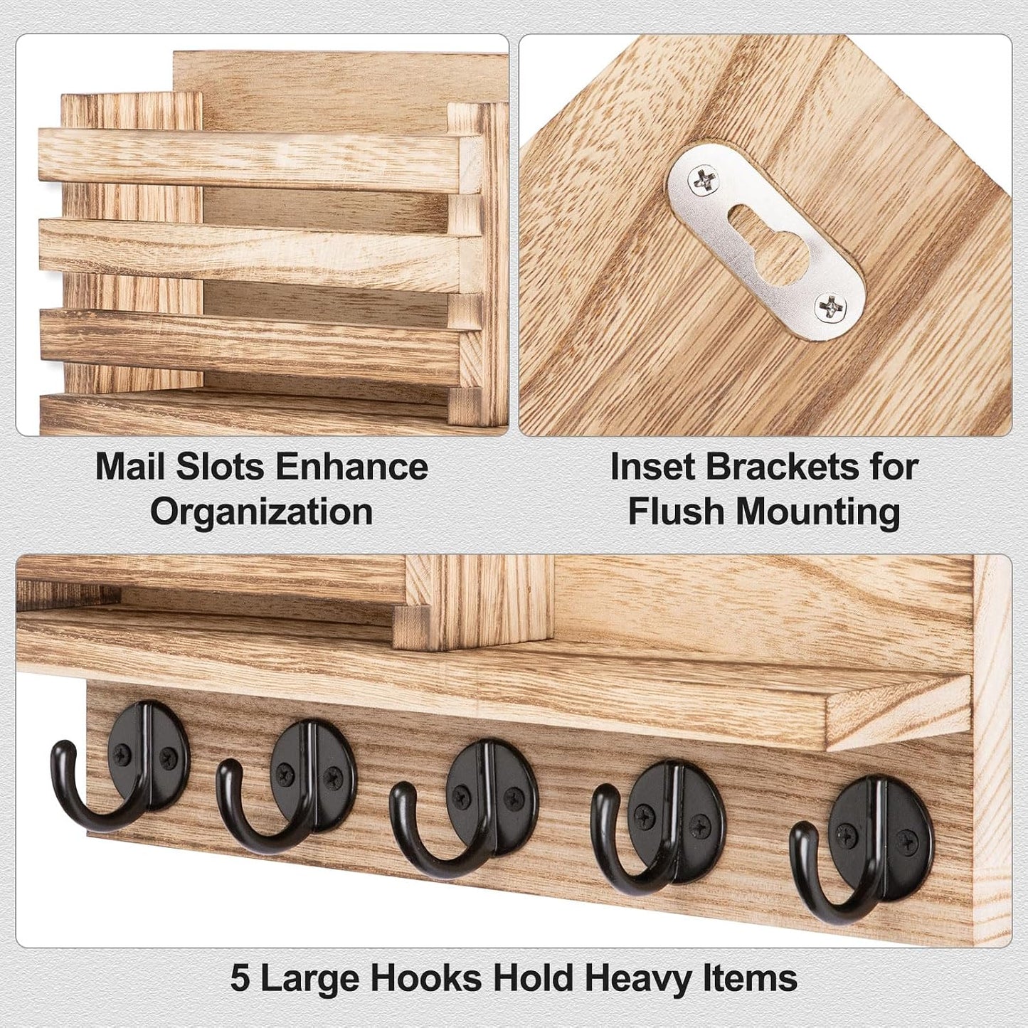 Lwenki Key Holder for Wall – Decorative Wooden Mail Holder and Key Shelf with Mounting Hardware, Installation Guide – Paulownia Wood with Metal Key Hooks (Black, Large - 11.8inch)