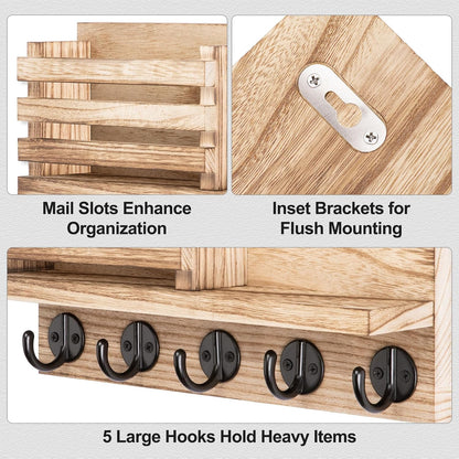 Lwenki Key Holder for Wall – Decorative Wooden Mail Holder and Key Shelf with Mounting Hardware, Installation Guide – Paulownia Wood with Metal Key Hooks (Black, Large - 11.8inch)