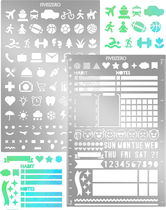 5x7.5 Inch Metal Journal Stencils, Stainless Steel Stencil Bookmark for Bullet Journaling, Reusable Planner Stencils with Faces & Icons for Habit Tracker, Calendar, Diary, Banners, Lists, Scrapbooking