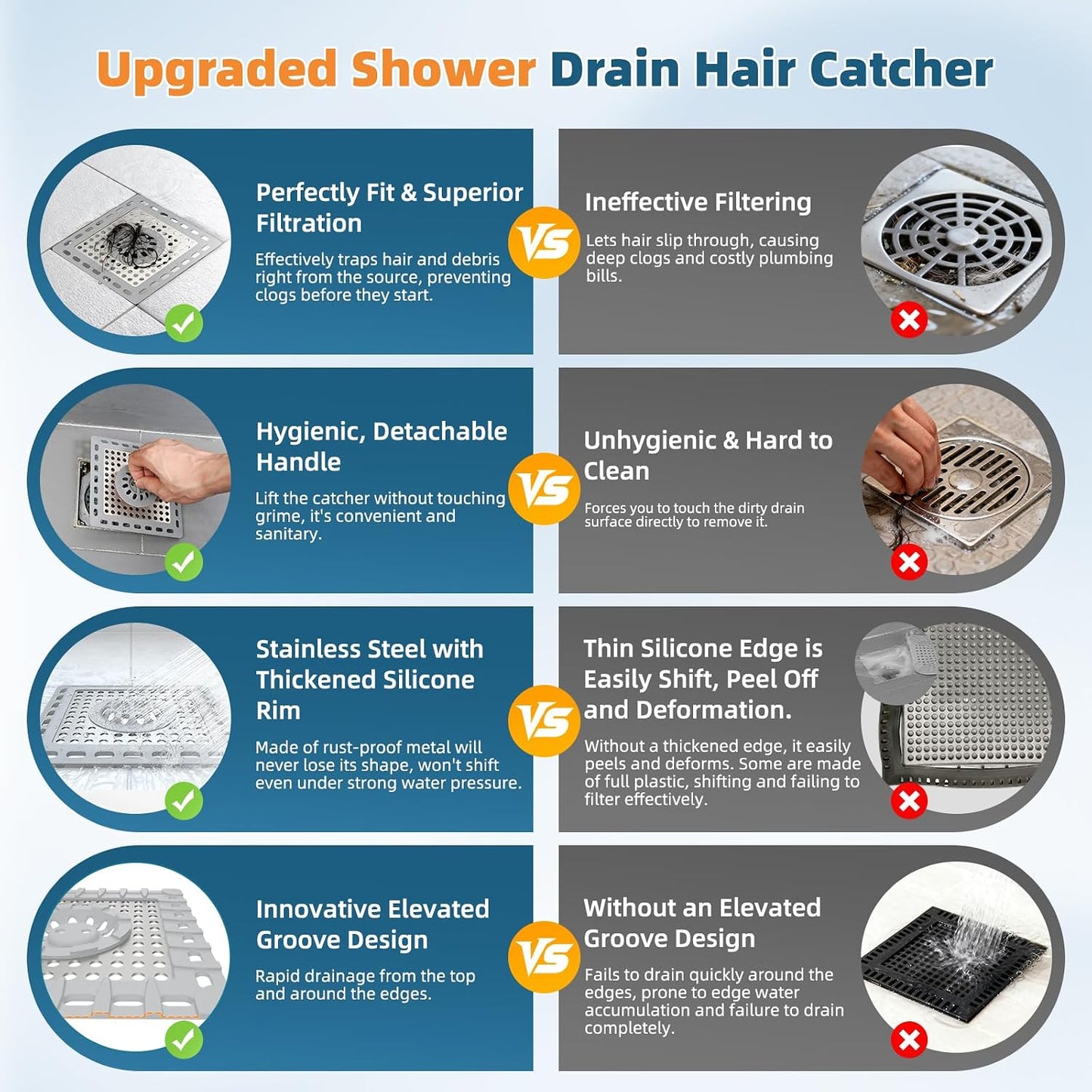 Hibbent Upgraded Shower Drain Hair Catcher for Bathroom Floor 4" Drain, Anti-Clogging Shower Drain Cover, Stainless Steel & Silicone Drain Strainer with Handle, Shower Drain Protector, Grey