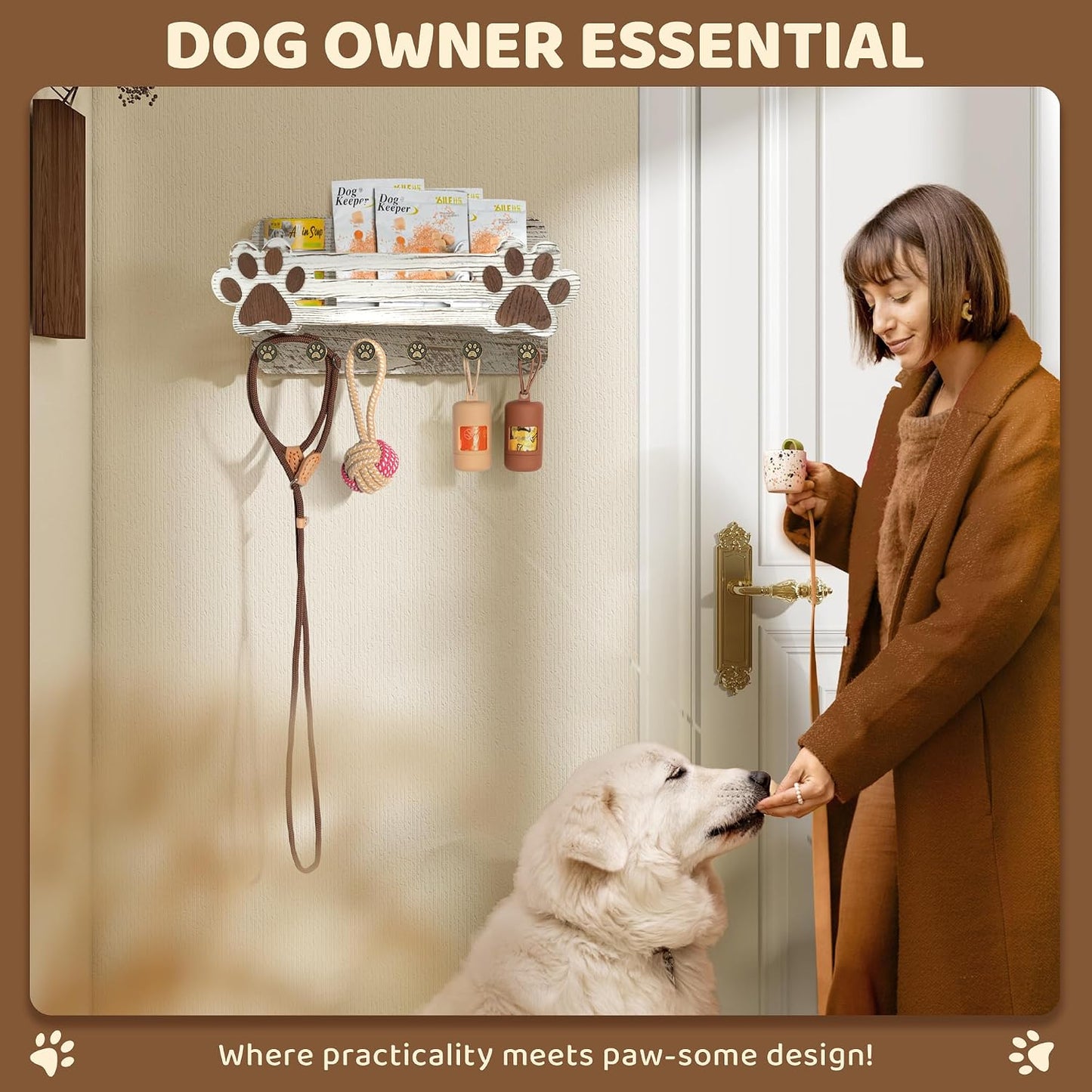 MTERSN Dog Leash Holder for Wall with Wall Shelf for Dog Lover, White | 3D Paw-print Design, Mail Holder for Wall with 6 Hooks for Dog Leash & Sunglasses, Put Dog Food Container, Rustic Home Decor