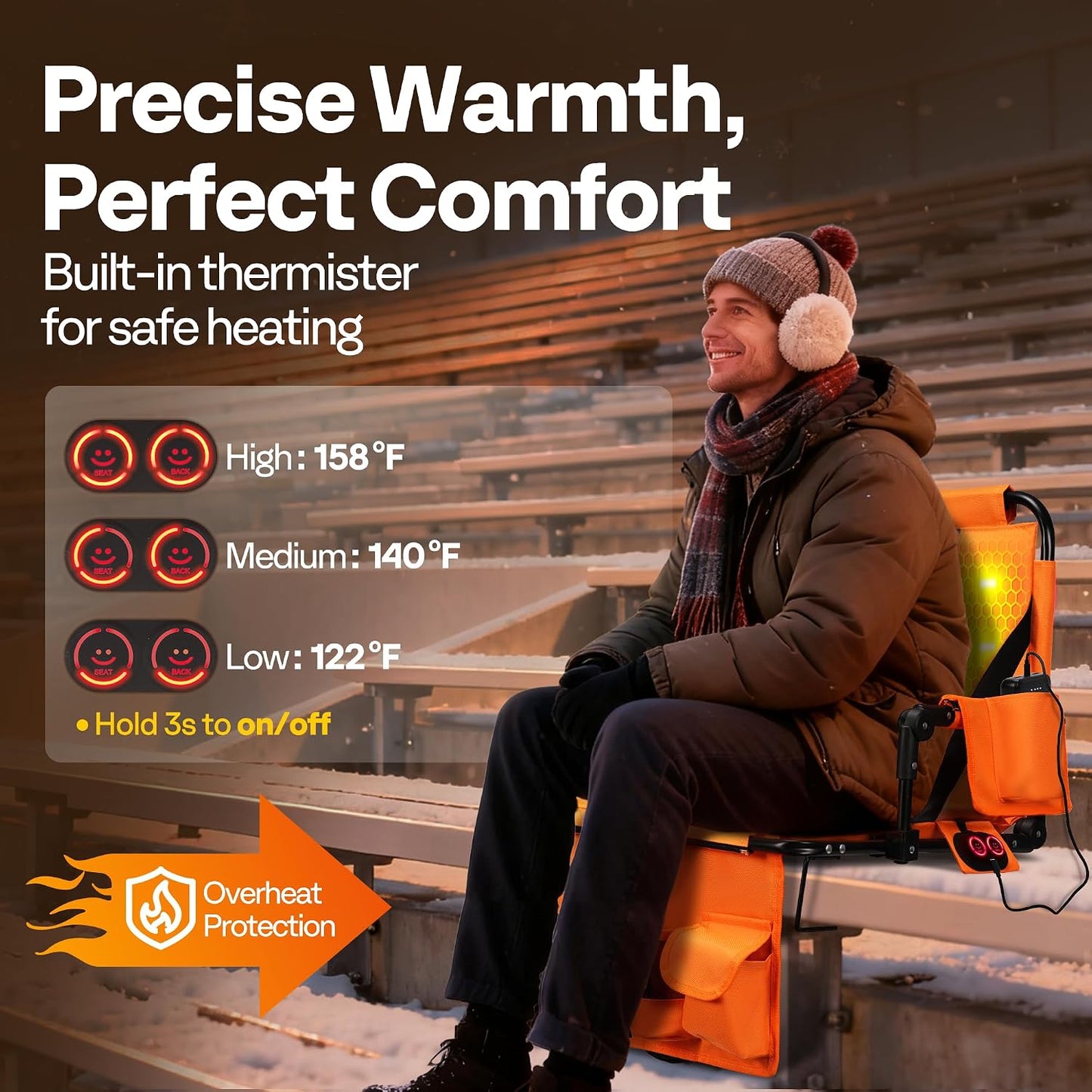 VIVOHOME 35W Padded Heating Stadium Seats with 20000mAh Power Bank, 2 Pack Heated Bleacher Chairs with Back Support, 3 Levels of Heat, Comfortable for Various Sports Events