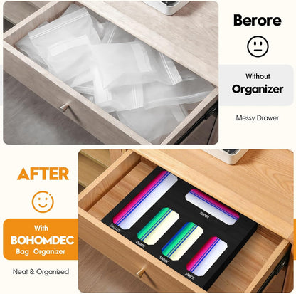 9 in 1 Foil and Plastic Wrap Dispenser with Cutter, Black Bamboo Ziplock Bag Organizer for Drawer - Holds Gallon, Quart Bags & Aluminum Foil/Wax Paper, Wall Mountable Kitchen Storage