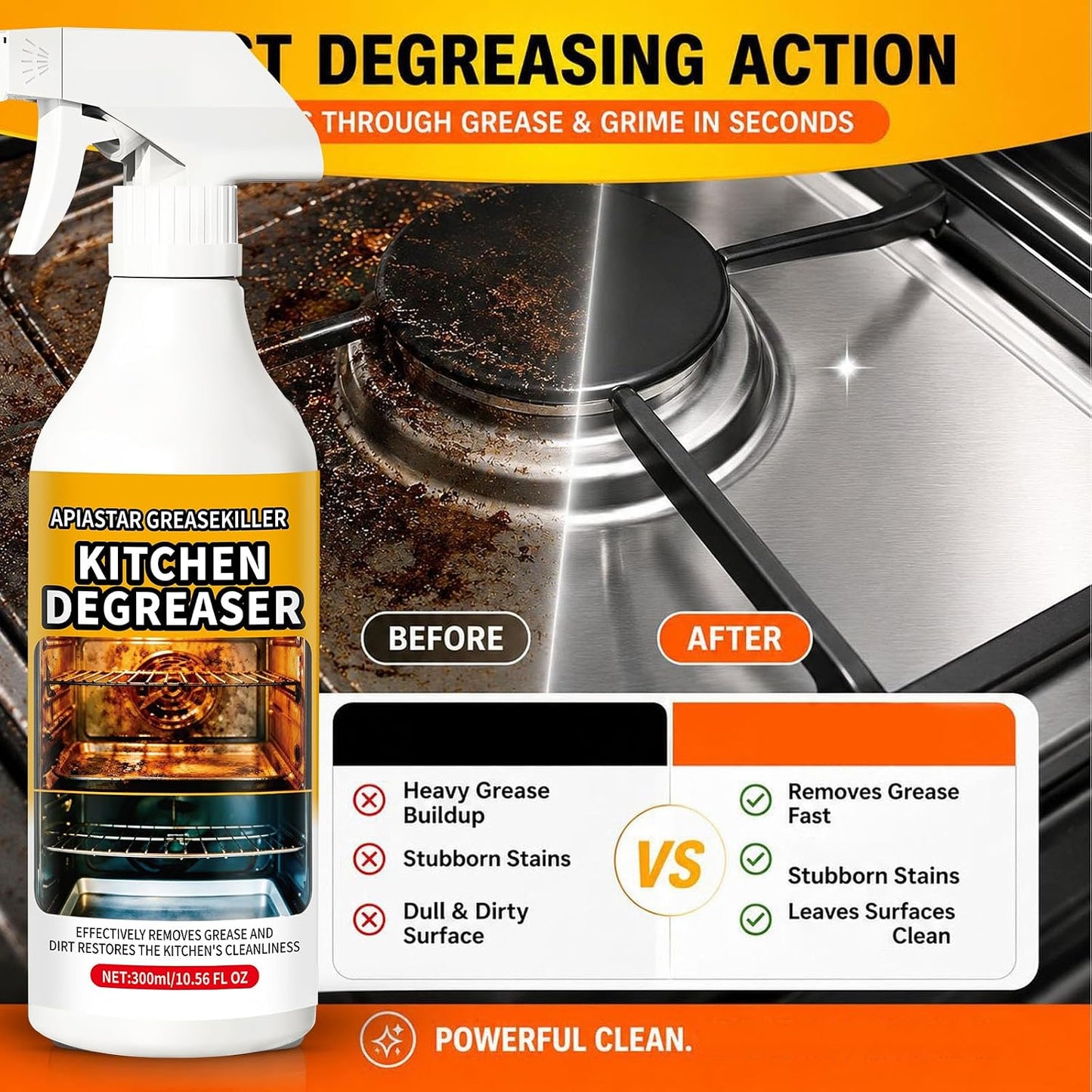 Apiastar Greasekiller Spray,300ml Greasekiller BBQ Spray,Grease killerSpray Grill Cleaner,Grill Degreaser For Outdoor Grill,Bbq Cleaner And Degreaser,for Air fryer, Kitchen, Oven (1PCS)
