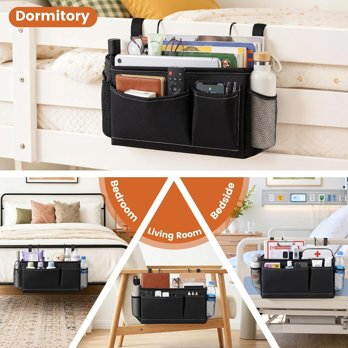 Fab totes Bedside Caddy for Dorm Bed, Bedside Storage Bag Hanging Organizer