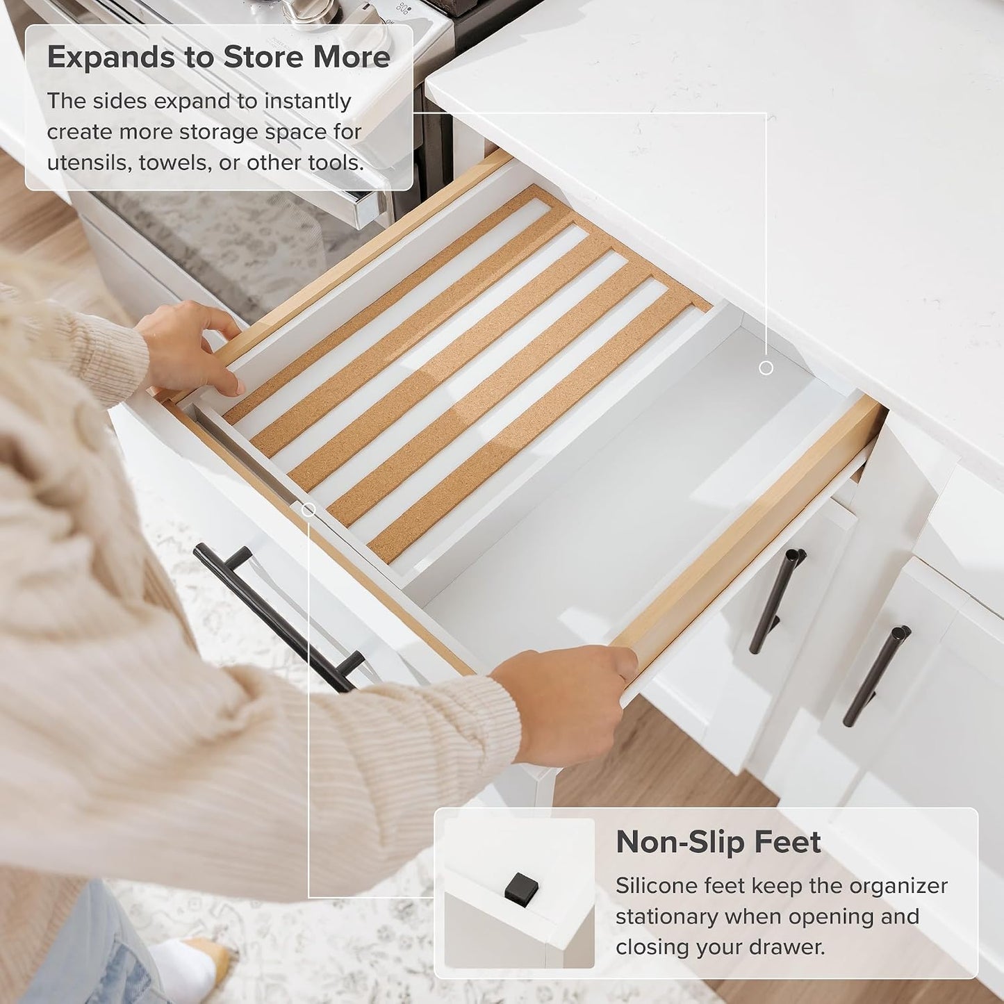 Expandable Spice Drawer Organizer, Bamboo | Holds up to 15 spice jars (not included), non-slip feet, 100% sustainable bamboo wood