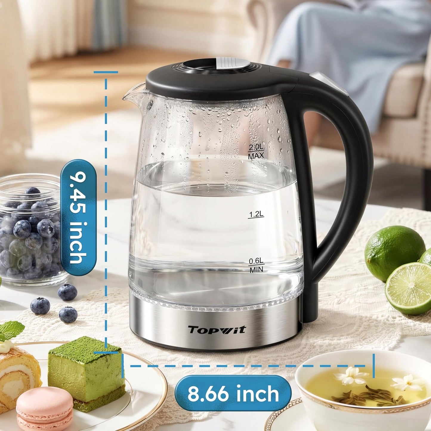 TOPWIT 2.0L Glass Electric Kettle, Hot Water Boiler, BPA-Free | Stainless Steel Bottom & Lid, Fast Boil, Auto Shut-Off & Boil-Dry Protection, No Plastic Odor | for Tea, Coffee, Home, Office