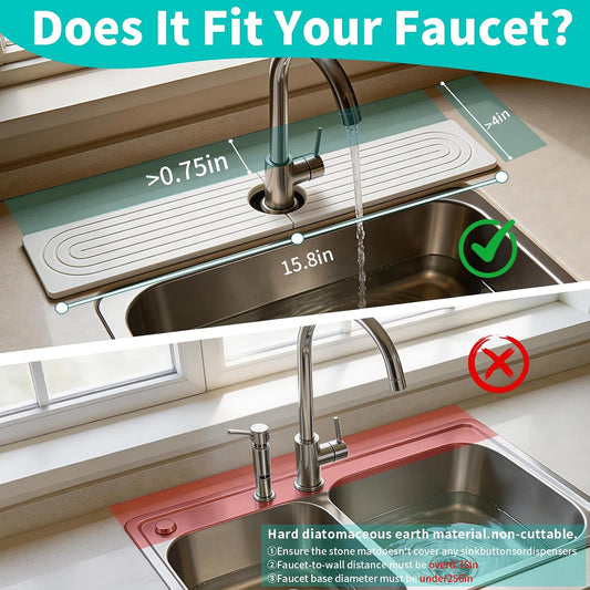 Absorbent Stone Faucet Mat for Kitchen Sink - 15.8" x 4" Diatomite Stone Sink Tray, Quick Dry Bathroom Sink Splash Guard Behind Faucet, Water Catcher Counter Protector (White)