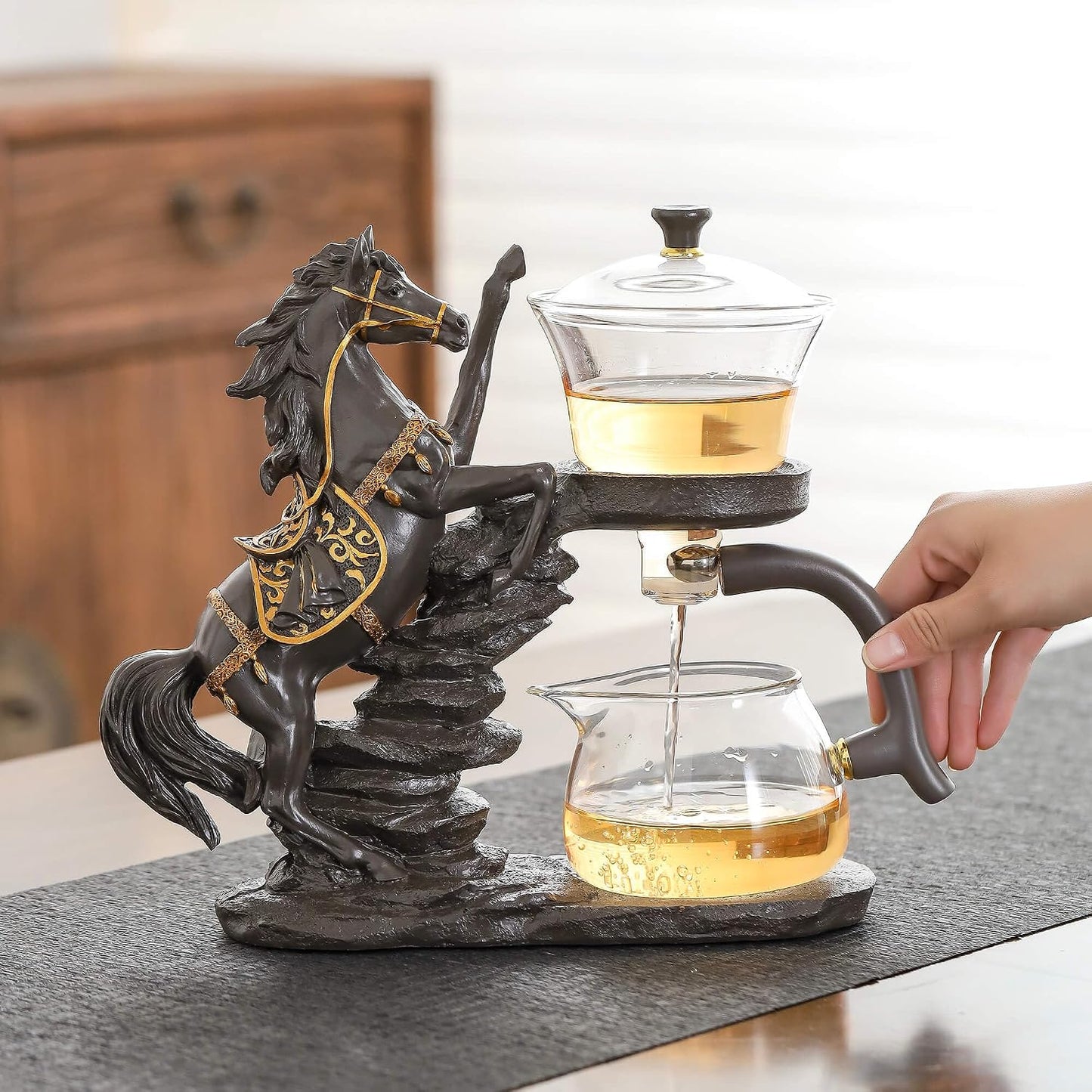 Glass Kungfu Teapot Set Tea maker with Infuser Semi Automatic Tea Set with 6 Small Cups (Red)