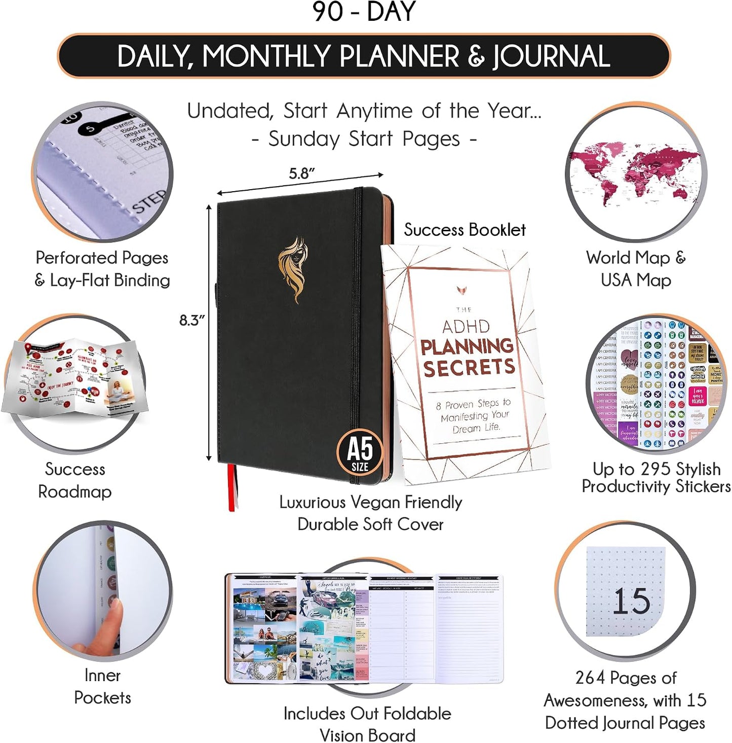 Freedom Mastery Daily Journal of Gratitude, Productivity & Habit Tracker | Undated 90-Day Planner with Daily Reflection, Mindfulness, Positivity, Vision Board & Stickers, Gratitude Journal for Women