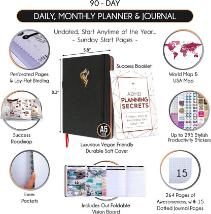 Freedom Mastery Daily Journal of Gratitude, Productivity & Habit Tracker | Undated 90-Day Planner with Daily Reflection, Mindfulness, Positivity, Vision Board & Stickers, Gratitude Journal for Women