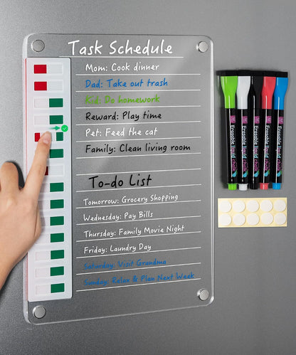 Magnetic Acrylic Dry Erase Board for Fridge, to Do List White Board with Sliding Buttons, 12"X10" Clear Chore Chart for Adults, Reusable Refrigerator Whiteboard Includes 5 Markers
