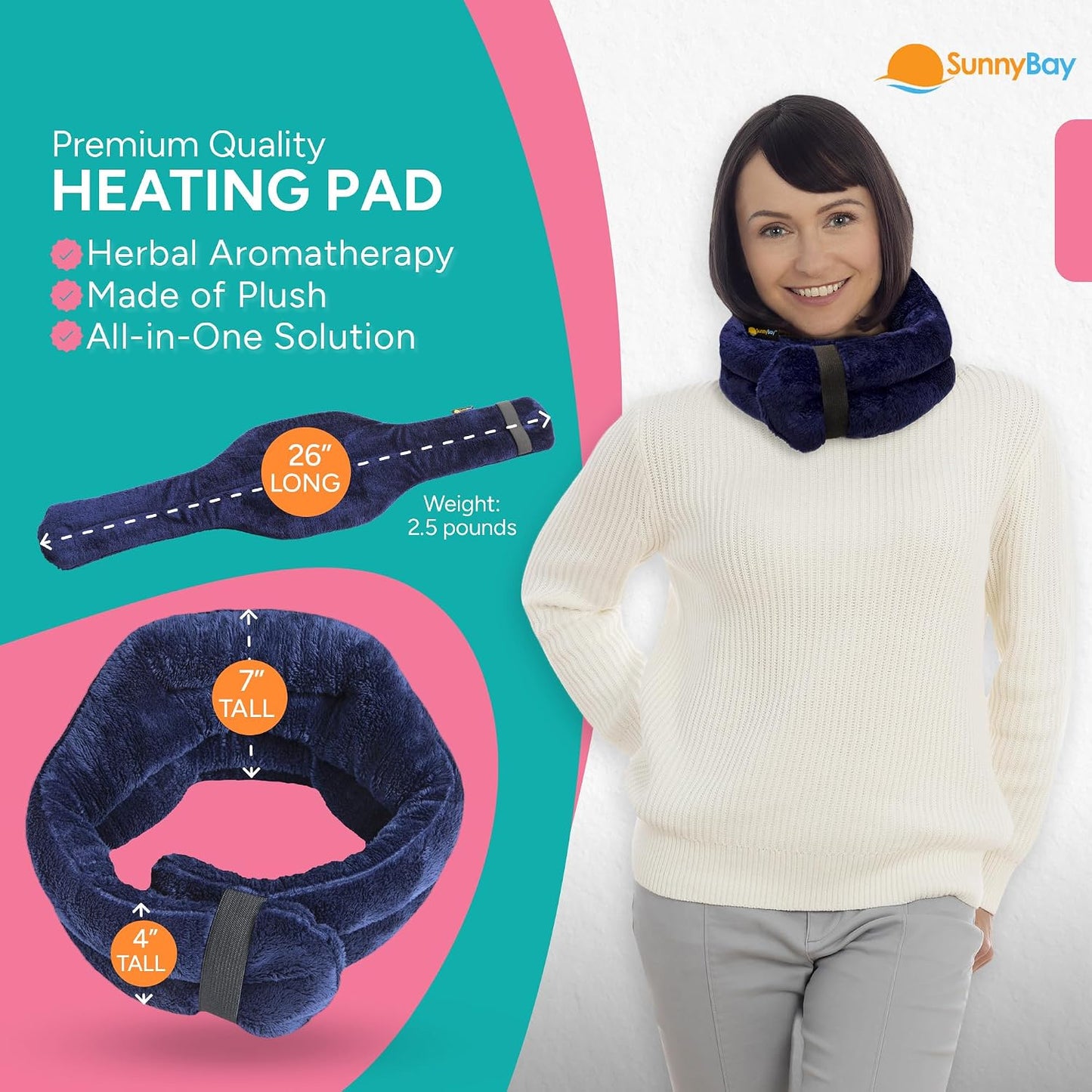 SunnyBay Microwave Heating Pad, Microwavable Heated Neck and Shoulder Wrap, Hands-Free Weighted Moist Hot or Cool Pack, Soft Fleece Cover and Flaxseed Filling, 26 Inch Length, SkyBlue