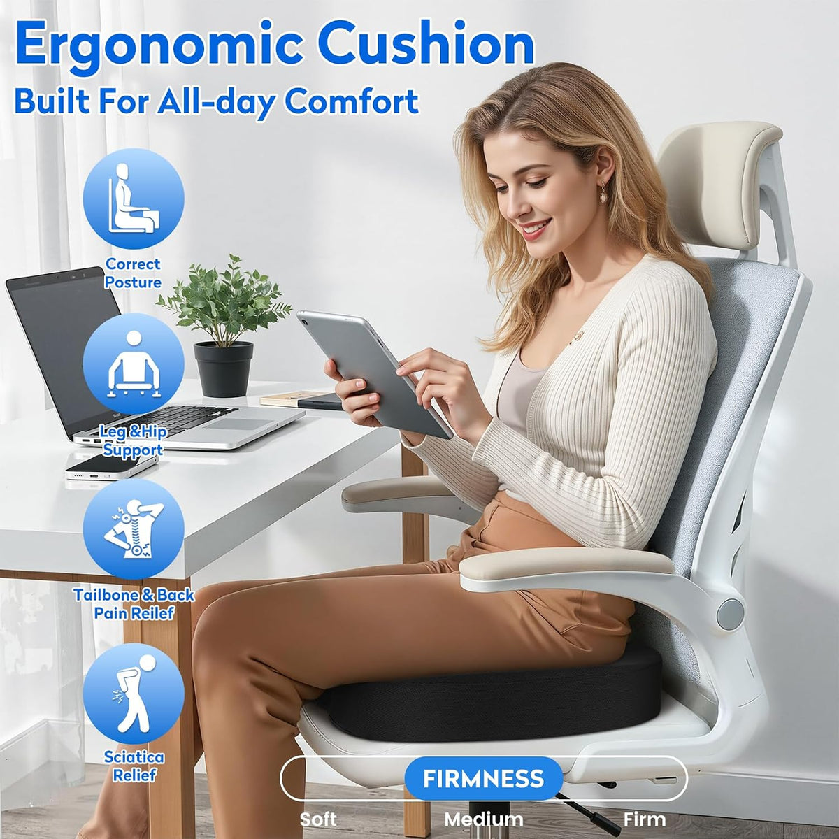 CushZone Seat Cushion Memory Foam Chair Pad for Office & Car, Black