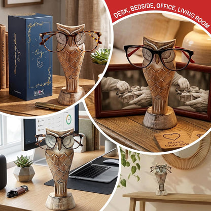 KSJONE Gift Packaged Unique Owl Spectacle Holder Wooden Eye glasses Stand Handmade Gift for Women and Men Home Office Gift for Teacher Him Her Mom Dad Desk Organizer for All Ages Unique Fathers Gift