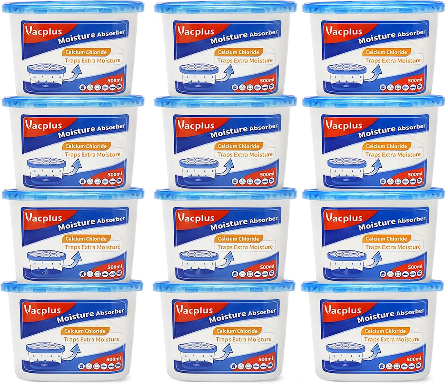 Vacplus Moisture Absorber, 10.5 OZ, Strong Absorption, Ocean Scent | Closet, Bathroom, Kitchen, Study, Odor Eliminator, Dehumidifier Bucket, 12 Pack