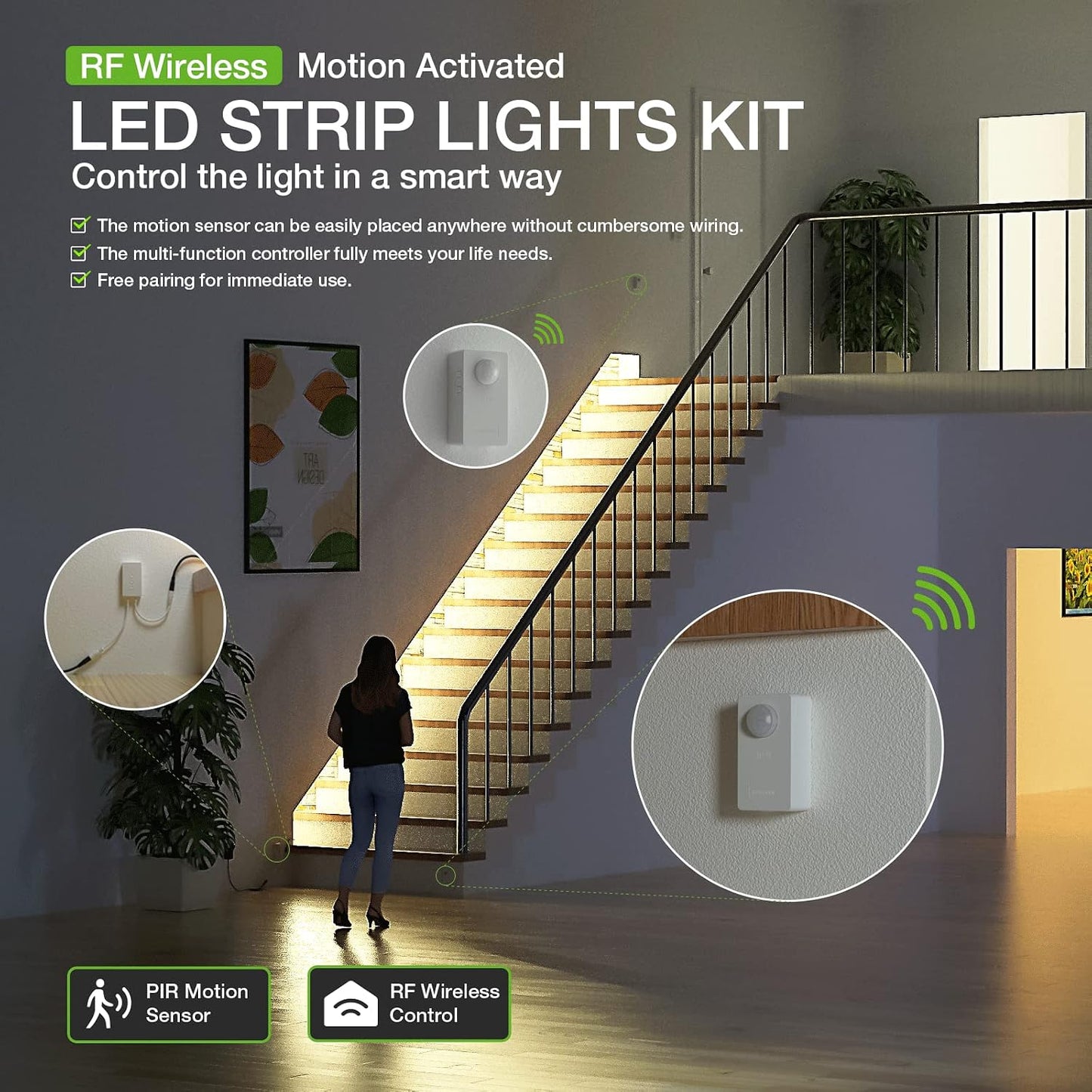 RAYZEEK Wireless Motion Activated LED Strip Lights,19.7FT LED Strip Lights with Power Adapter,Wireless Motion Sensor Control Dimmer,Timing,Cool White (1×Controller+2×Motion Sensor)