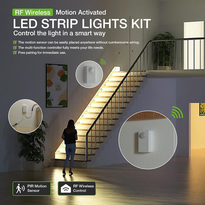 RAYZEEK Wireless Motion Activated LED Strip Lights,19.7FT LED Strip Lights with Power Adapter,Wireless Motion Sensor Control Dimmer,Timing,Cool White (1×Controller+2×Motion Sensor)
