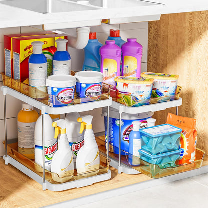 Delamu 2-Tier Multi-Purpose Bathroom Under Sink Organizers and Storage, Stackable Kitchen Pantry Organization, Pull Out Medicine Cabinet Organizer with Movable Dividers, White, 2 Pack