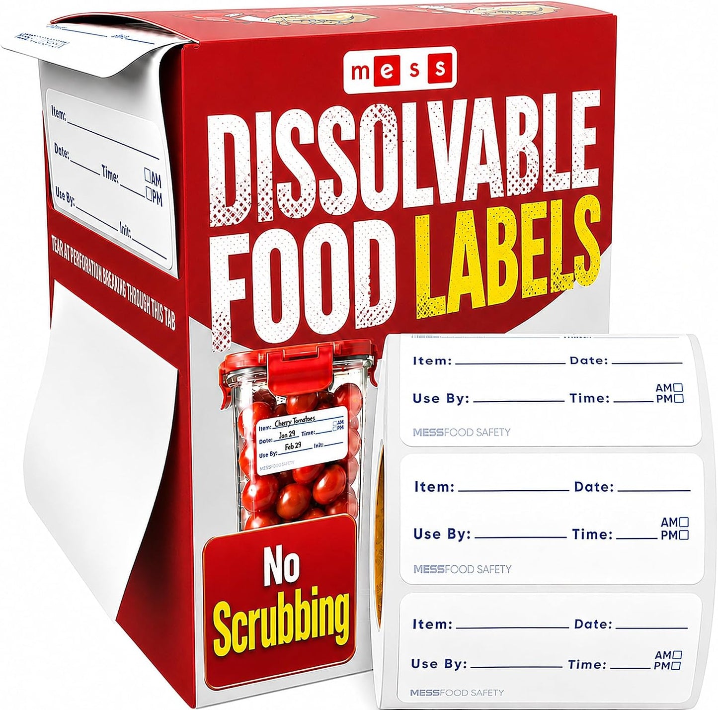 MESS Dissolvable Food Labels, Blank, 1x2 500/Roll - Dissolves in 30 Seconds or Less - Removable Pantry, Meal Prep & Food Storage Labels - Canning & Freezer Use