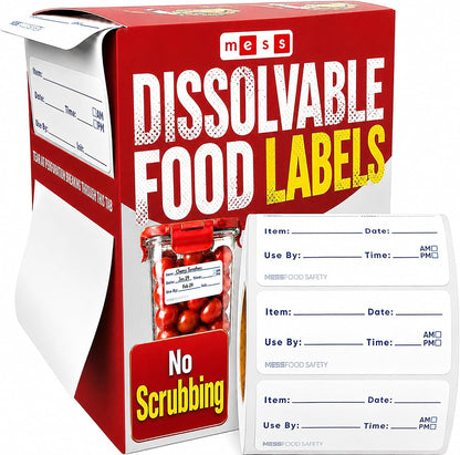 MESS Dissolvable Food Labels, Blank, 1x2 500/Roll - Dissolves in 30 Seconds or Less - Removable Pantry, Meal Prep & Food Storage Labels - Canning & Freezer Use
