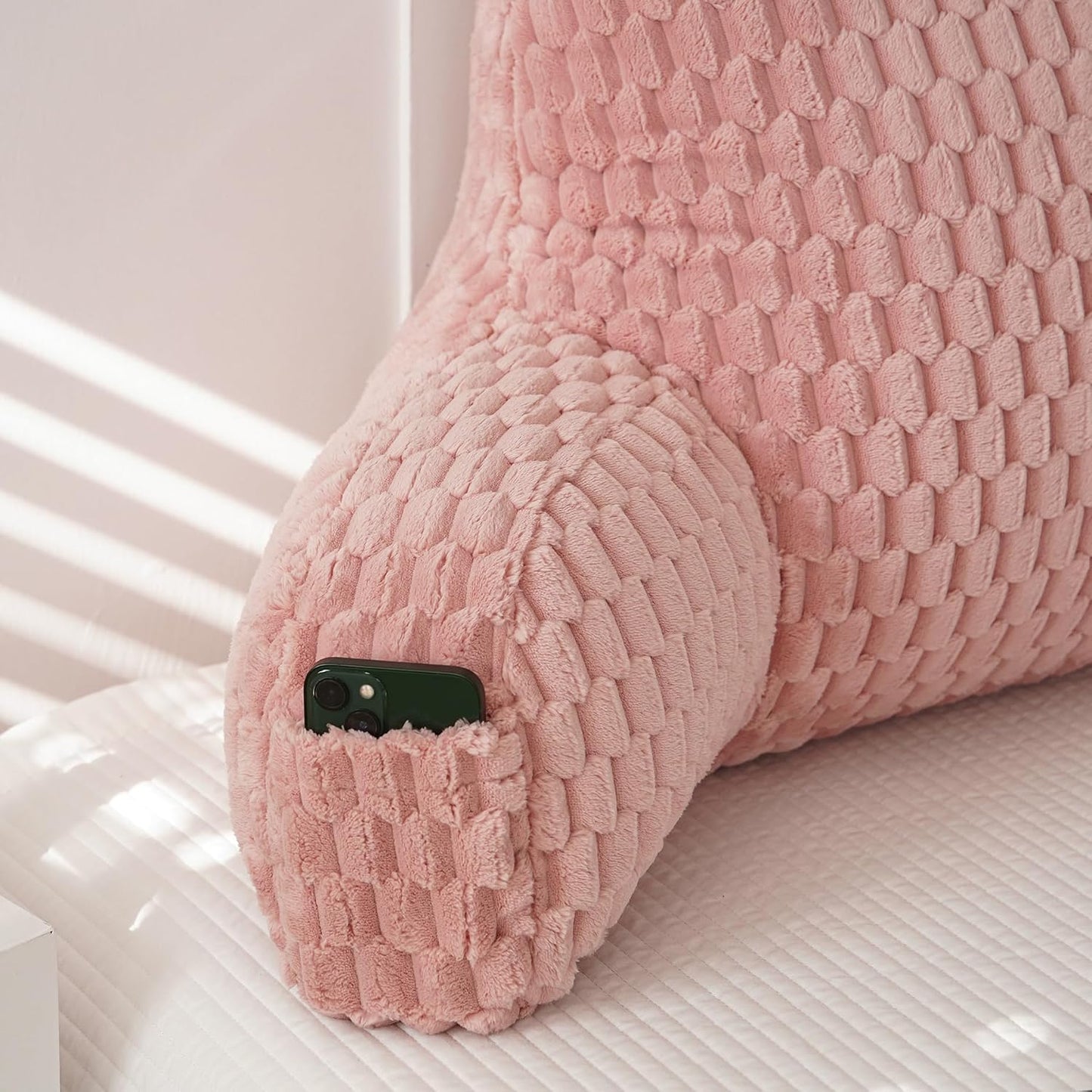 Large Reading Pillow for Adults, Back Support Pillow for Sitting Up in Bed with Arms, Couch for Lounging Bedrest, Pink