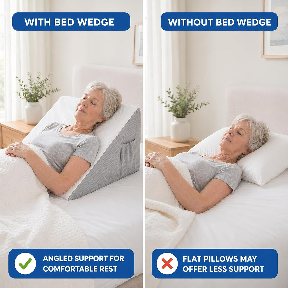 Bed Wedge Pillow, Foam Wedge Pillow for Sleeping, Reading, Sitting Up and Leg Elevation, 2 Piece Wedge Pillow Set
