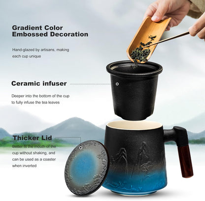 suyika Tea Cup with Infuser and Lid, 15.2 Ounce Wood Handle Ceramic Loose Leaf Mug Gradient Black&Green 450ml