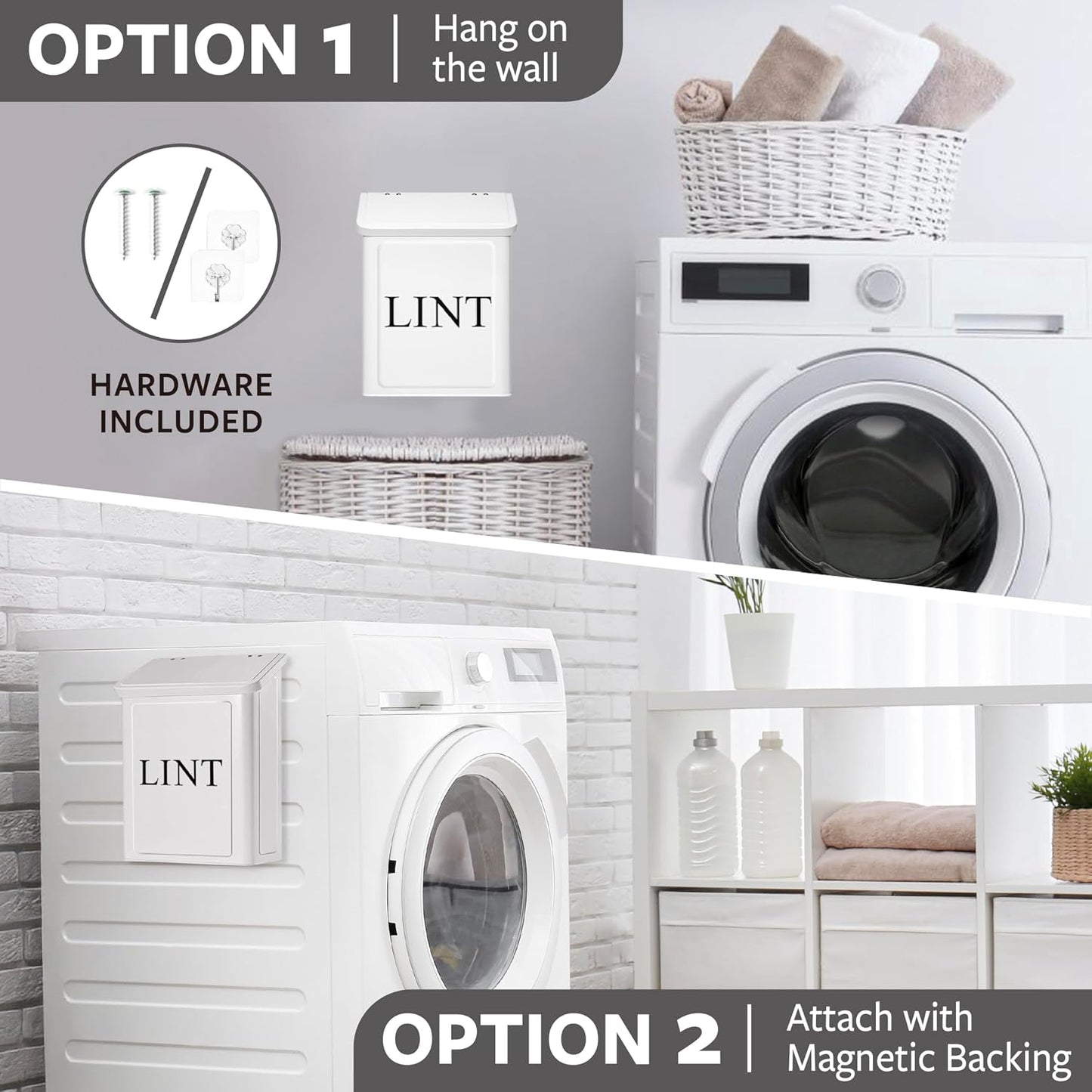 Calindiana Modern Farmhouse Metal Magnetic Lint Bin with Lid and Laundry Room Organization and Storage Wall Mount Space Saving Washer and Dryer Trash Can (White (LINT Brush Set))