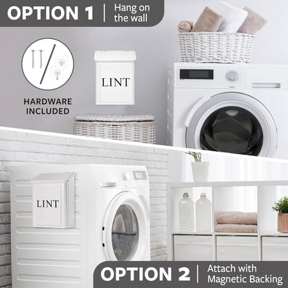 Calindiana Modern Farmhouse Metal Magnetic Lint Bin with Lid and Laundry Room Organization and Storage Wall Mount Space Saving Washer and Dryer Trash Can (White (LINT Brush Set))