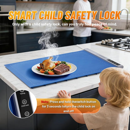 Warming Mat for Food,Food Warming Mat,1 Pack Electric Food Warmer Mat with Graphene Heating Tech, 3 Temperature Settings & 15 Timer Modes, Child Safety Lock, Silicone Heating Pad for Buffets Party