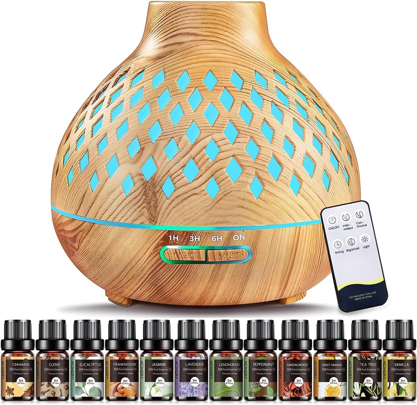 Aeshory Aromatherapy Diffuser & 12 Essential Oils Set, 550ML Aromatherapy Diffuser for Home, Ultrasonic Cool Mist Humidifier with Remote Control 4 Timer 7 Color LED Light, Waterless Auto Off, Dark