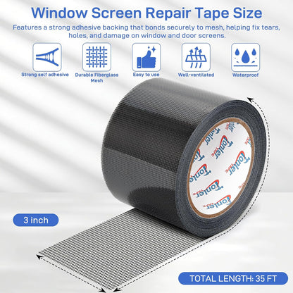 Gray Fiberglass Screen Mesh Patch Tape 2" x 35FT Strong Adhesive Repair Kit | Strong adhesive fiberglass mesh repair kit for screen holes and tears, easy to cut and apply, waterproof indoor outdoor