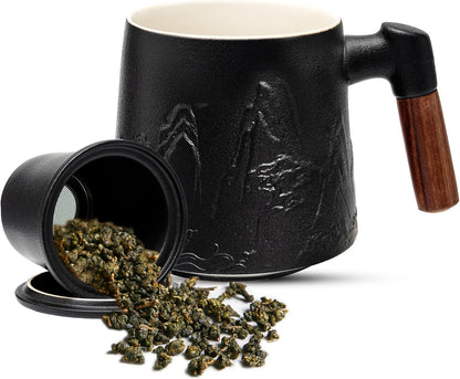 suyika Tea Cup with Infuser and Lid, Gradient Black & Blue, 15.2oz /450ml