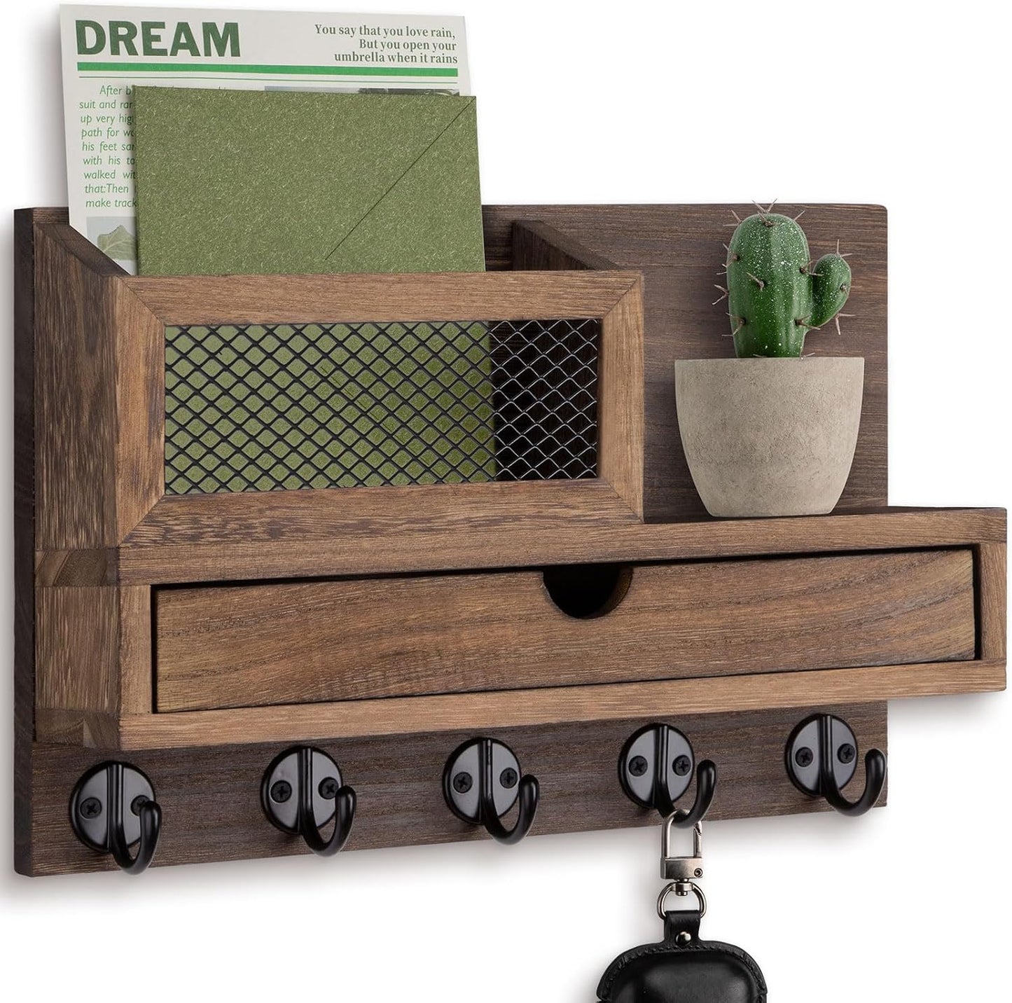 Key Holder for Wall with 5 Key Hooks and Storage Drawer | Key Holder Wall Mount, Mail Organizer for Entryway Living Room Farmhouse Home Decor