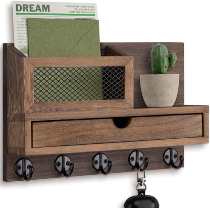 Key Holder for Wall with 5 Key Hooks and Storage Drawer | Key Holder Wall Mount, Mail Organizer for Entryway Living Room Farmhouse Home Decor